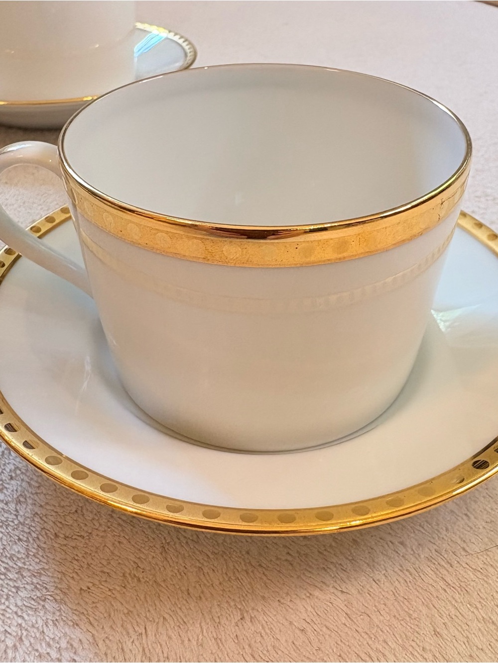 Tiffany & Co. Gold Band White Porcelain Tea Cup & Saucer